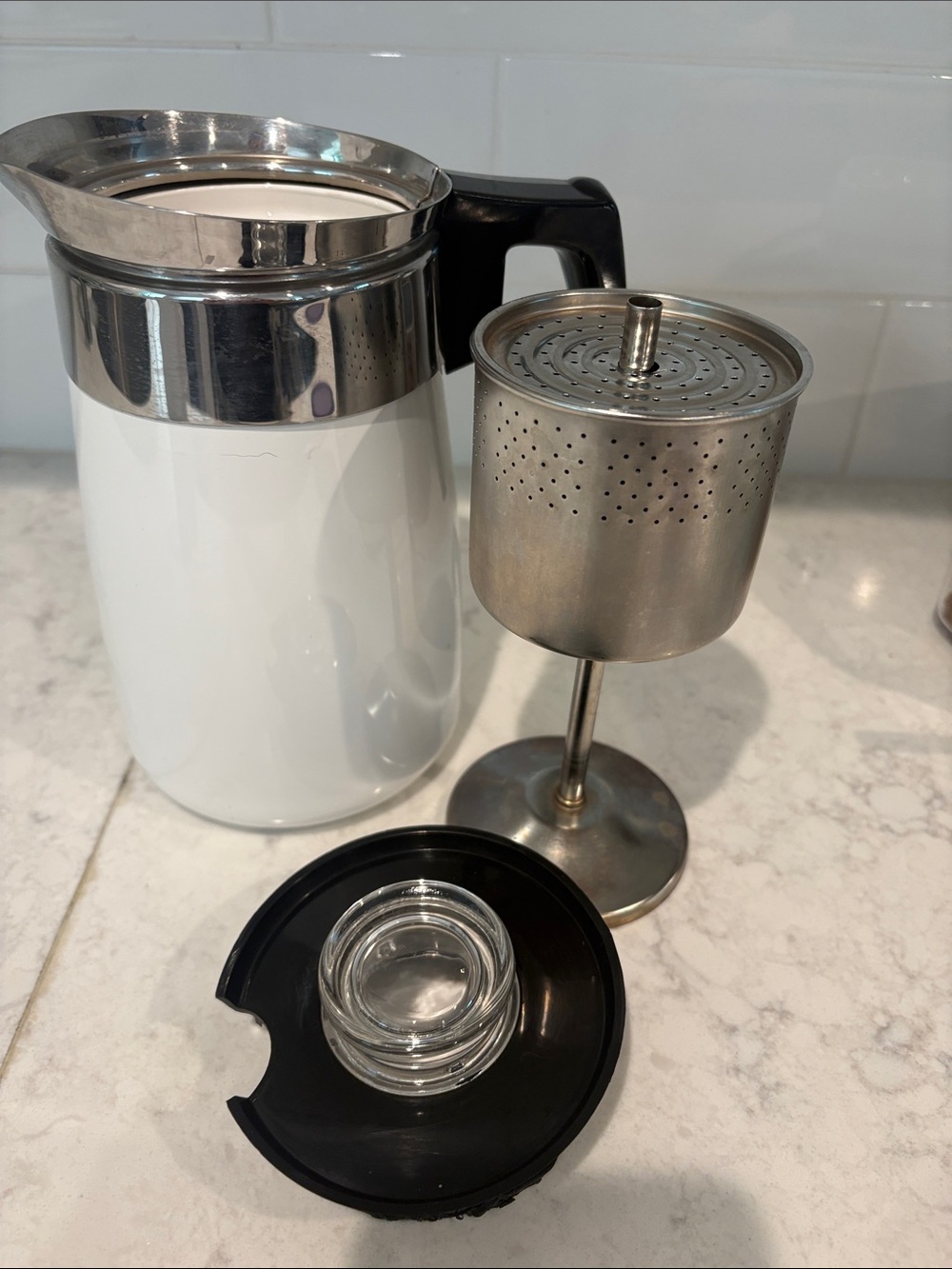 Stainless Steel and White Coffee Carafe with Black Handle - Picture 3 of 4